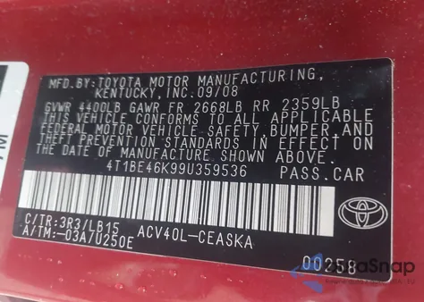 2009 Toyota Camry Se из США, поврежденный, VIN 4T1BE46K99U359536